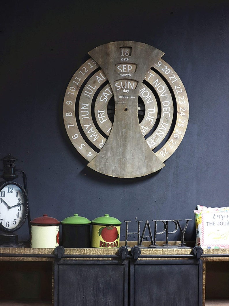 Wood Rustic Circular Wall Mounted Spin Perpetual Calendar Etsy