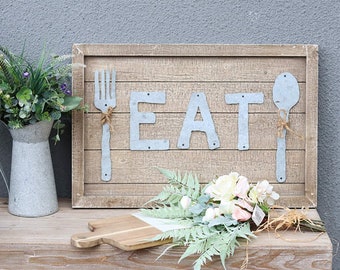 Distressed Wood Framed Eat Sign Decor with Galvanized Letters, Fork and Spoon, Funny Wall Art, Farmhouse Wooden Sign