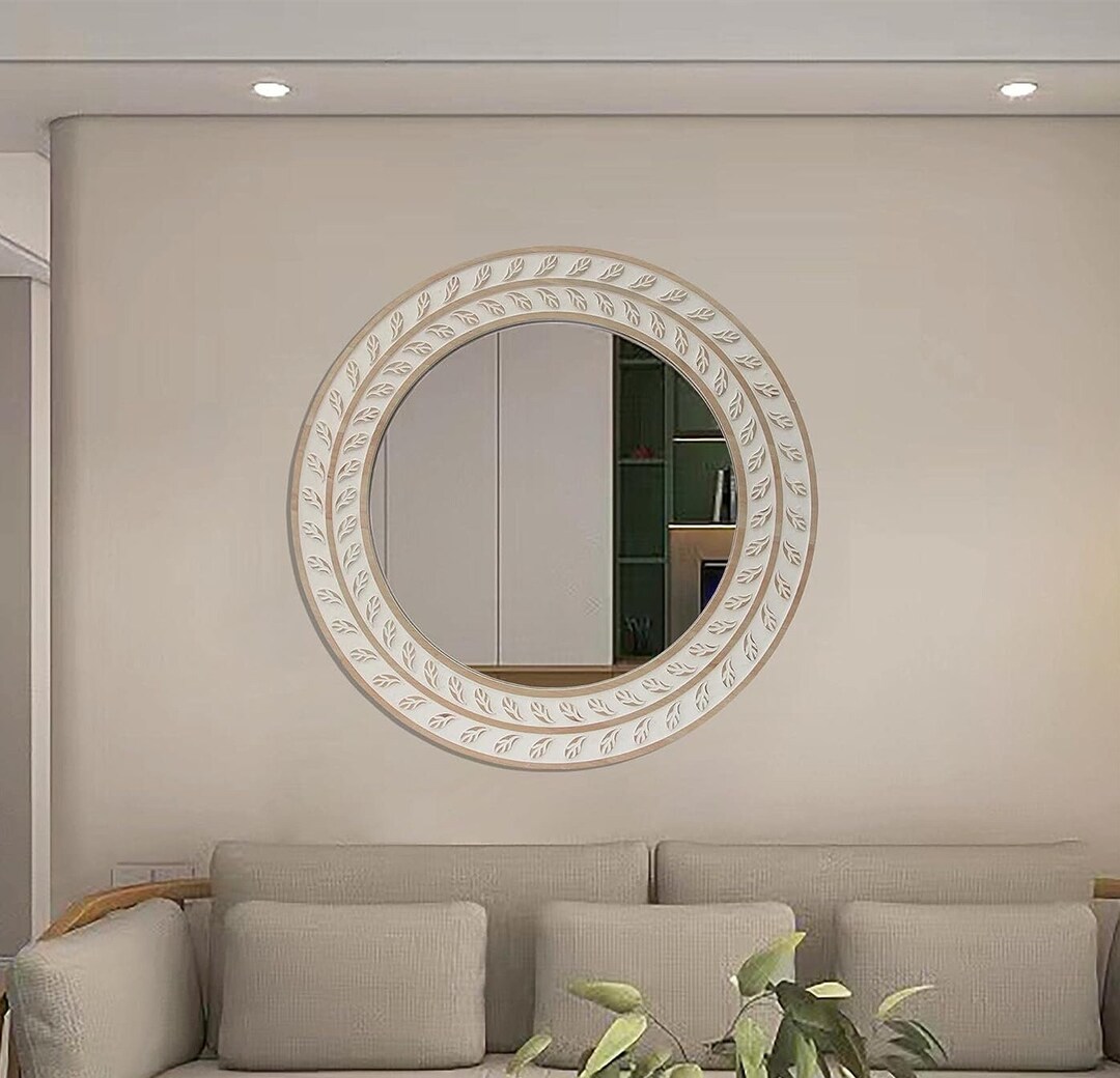 Round Wooden Mirror With Carved Frame, Rustic Large Wall Mirror ...