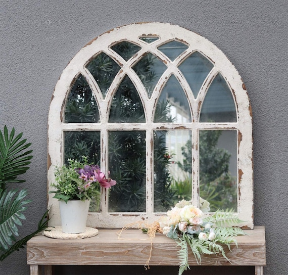 Distressed Arched Window Pane Wood Framed Wall Mirror Distressed Arched Window Pane Wood, White Wooden Arch Mirror