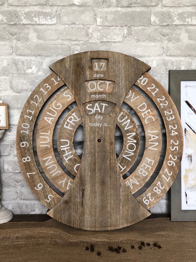Wood Rustic Circular Wall Mounted Spin Perpetual Calendar Etsy