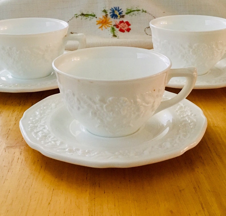 Ornate Milk Glass Cup and Saucer Set of 3 Etsy