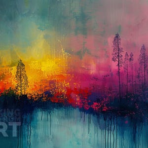 Resplandor Místico del Bosque – Paisaje Abstracto del Atardecer (Descarga Digital, Arte Mural Imprimible)