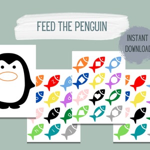 May include: Printable activity sheet featuring a black and white penguin with an orange beak. The sheet includes a variety of colourful fish with different shapes and patterns. The text "FEED THE PENGUIN" is at the top of the sheet. The text "INSTANT DOWNLOAD" is in a circle at the top right of the sheet.