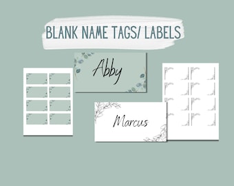 May include: A set of blank name tags or labels with a floral design. The tags are white with a black outline and feature a simple floral design. The text "BLANK NAME TAGS/LABELS" is written in black at the top of the image.