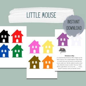 Op de afbeelding: Een printbaar educatief spel met kleurrijke huisillustraties en een muisafbeelding. Het spel bevat instructies en de tekst "Little Mouse" en "Instant Download". De huizen zijn in verschillende kleuren, waaronder zwart, rood, blauw, groen, roze, geel, bruin en oranje.
