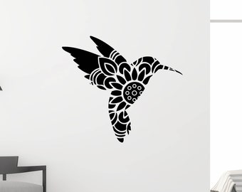 Decalque de beija-flor, decoração de pássaro mandala, arte de parede Colibri, decalque de pássaro Boho, adesivo de vinil floral, decalque de natureza