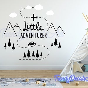 Little Adventurer Decal, Explore Decal Sticker, Mountain Vinyl Decal, Nursery Decal, Airplane Decal, Forest Tree Wall Decal, Adventure