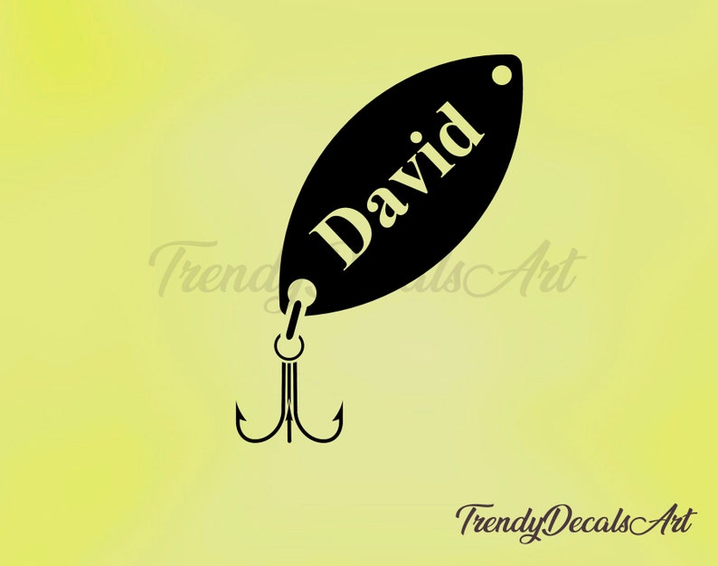 May include: Black and white silhouette of a fishing lure with the name "David" written on it. The lure has a hook at the bottom.