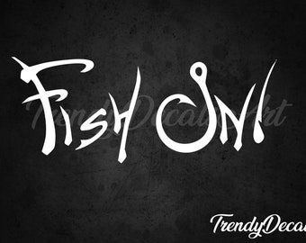 May include: White vinyl decal with the word "Fish On" in a stylized font. The "O" is replaced with a stylized fishing hook.