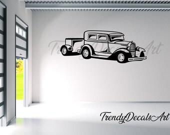 May include: Black and white decal of a vintage pickup truck. The truck has a classic design with a detailed front grille, rounded fenders, and a cargo bed. The text "Trendy Decals Art" is at the bottom.