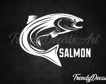 Könnte beinhalten: Weißes Grafik eines Lachsfisches mit dem Wort "LACHS" in weißen, fetten Buchstaben. Der Fisch ist stilisiert mit geschwungenen Linien, vor einem dunklen, strukturierten Hintergrund. Der Text "Trendy Decals Art" ist ebenfalls vorhanden.