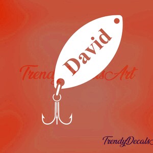 May include: White vinyl decal of a fishing lure with the name "David" written on it. The lure has a treble hook.