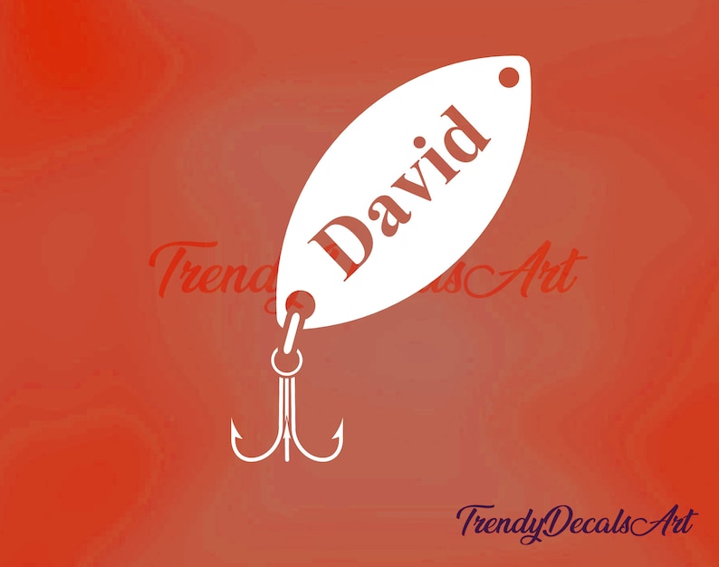 May include: White vinyl decal of a fishing lure with the name "David" written on it. The lure has a treble hook.