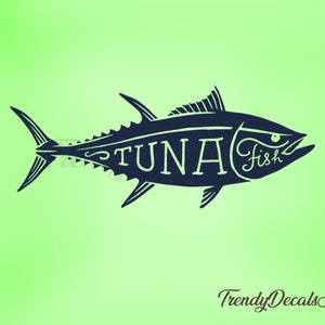 May include: A black silhouette of a tuna fish with the word "TUNA Fish" written inside the fish. The background is a light green.