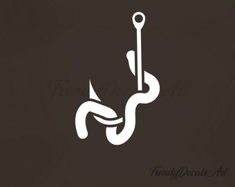 May include: White fishing hook design on a dark brown background. The hook is stylized with a curved body and a sharp point, with a line looped through the eye. The words "Trendy Decals Art" are in the background.