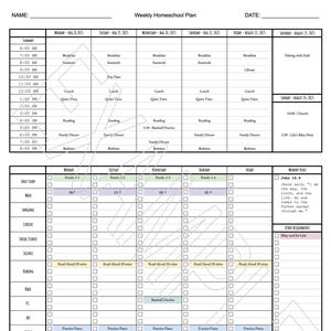 May include: A black and white weekly homeschool plan template with a grid layout. The plan includes sections for daily schedules, unit studies, and other assignments. The text includes the days of the week, times, and subjects.