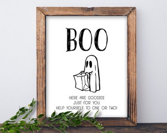 Signo de abucheo. Truco o trato de Halloween. Descarga instantánea imprimible. Aquí hay cosas buenas solo para ti. Sírvete uno o dos. Signo de tazón de dulces.