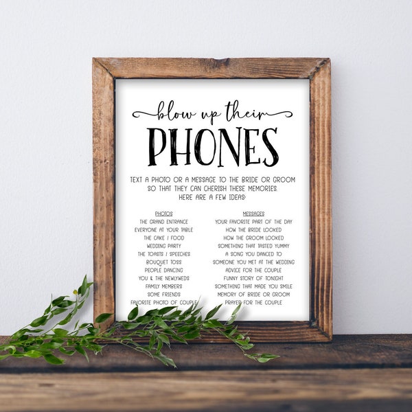 Blow up their Phones.  Wedding reception sign. Instant download printable. Marriage poster. Table print. Photos and messages for the couple.