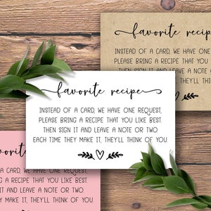 Receta favorita. Descarga instantánea imprimible. Inserción de tarjeta de invitación de despedida de soltera. Complemento de invitación. Libro de recetas. En lugar de una tarjeta. Álbum de recortes.