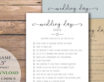 Wedding Day Dares. Reception game. Instant download printable. Marriage party dare - dance, drink, take photo for table guests to play.