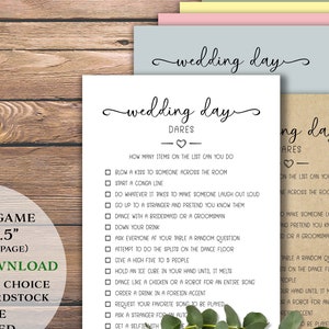 Les défis du jour du mariage. Jeu de réception. Téléchargement instantané imprimable. Osez la fête de mariage : dansez, buvez, prenez des photos pour que les invités puissent jouer.