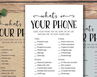 What's On Your Phone. Instant download printable. Bridal Shower Game. Baby Shower Game. Christmas party game. Rustic Chic Fun idea cards.