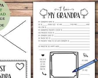 I Love My Grandpa. Instant download printable. Kid's school classroom project. Questionnaire. Best Grandpa Ever. Birthday. Grandfather.