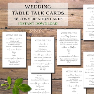 Cartes de table de mariage. Démarreurs de conversation pour le dîner de réception. Téléchargement instantané imprimable. Brise-glace. Informations sur le mariage préférez-vous