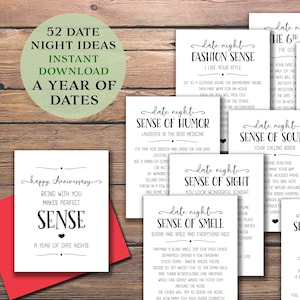 5 Senses gift. Instant download printable. Date Idea Cards. Anniversary, Valentines for him her spouse husband wife. Date nights for year.