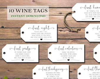 Marriage Milestone wine gift tags. Instant download printable. Rustic wedding firsts gift for bride groom. Bridal shower cards. Wine labels.