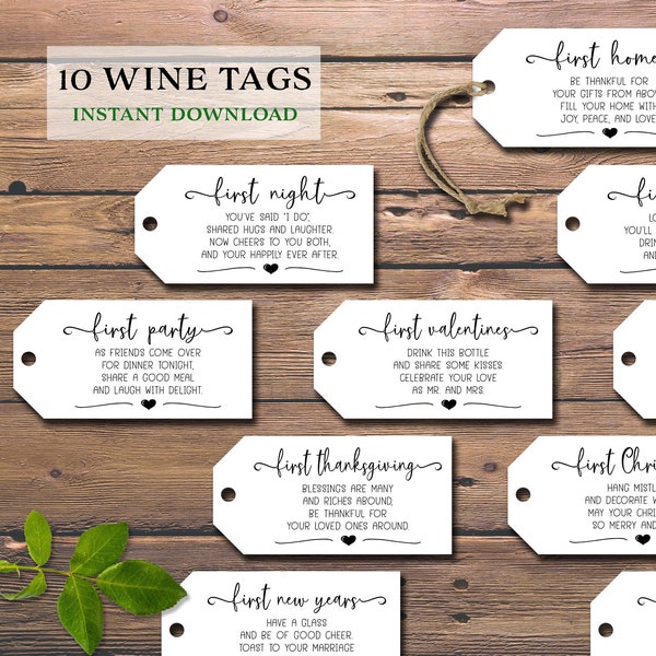 Marriage Milestone wine gift tags. Instant download printable. Rustic wedding firsts gift for bride groom. Bridal shower cards. Wine labels.