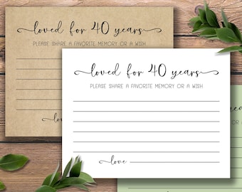 Loved for 40 Years. Birthday Party Cards. Instant download printable. Share a favorite memory or a wish Sign. Forty 40th Fortieth bday.