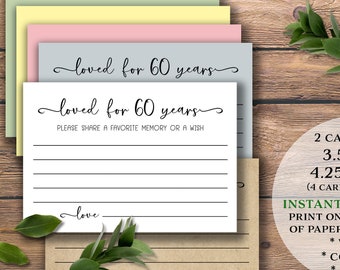 Loved for 60 Years. Birthday Party Cards. Instant download printable. Share a favorite memory or a wish Sign. Sixty 60th Sixtieth bday.