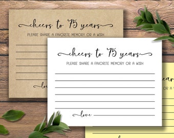 Cheers to 75 Years. Birthday or Anniversary Party Cards. Instant download printable. Share a favorite memory or a wish Sign. 75th.