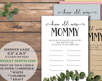How old was Mommy. Baby Shower Game. Instant download printable. For mom, mom-to-be, new parent. Rustic simple age guessing game of photos.