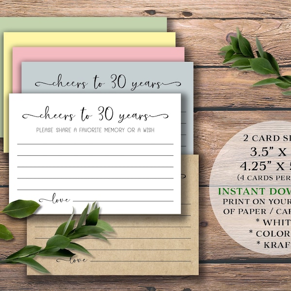 Cheers to 30 Years. Birthday or Anniversary Party Cards. Instant download printable. Share a favorite memory or a wish. Celebration Sign.