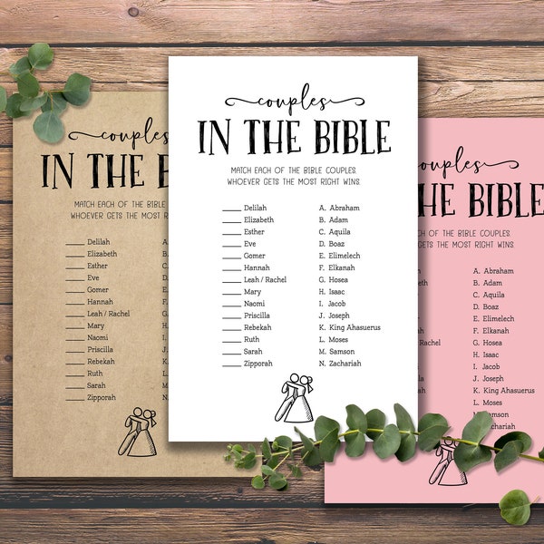 Couples in the Bible. Bridal Shower Game. Instant download printable. Wedding, marriage, bride party quiz. Rustic Christian Scripture verses