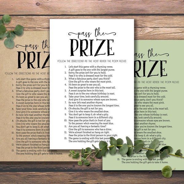 Pass the Prize. Instant download printable. Bridal Shower Game. Baby Shower Game. Christmas party game. Rustic Chic Fun party idea cards.