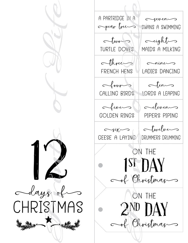 12 Days of Christmas Gift Tags & Card. Instant Download Printable ...