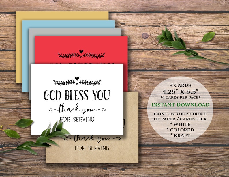 Thank You for Service cards. God Bless You. Instant download printable. Appreciation for serving. Pastor Church Military Essential Workers. image 2