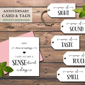 Etiquetas y tarjetas de regalo de aniversario 5 Sentidos. Cinco sentidos. Descarga instantánea imprimible. Para él, ella, marido, esposa, cónyuge, pareja, padres.