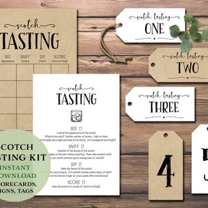 Kit de fiesta de degustación de whisky escocés. Descarga instantánea imprimible. Cuadro de mando, mantel individual, etiquetas, etiquetas, hojas, paquete de vuelo. Chicos solteros, cita nocturna.