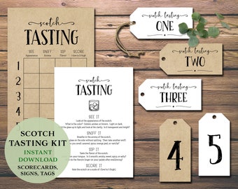 Kit per feste con degustazione di scotch. Download immediato stampabile. Segnapunti, tovaglietta, etichette, cartellini, fogli, pacchetto volo. Ragazzi, scapolo, appuntamento serale.