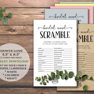 Bridal Word Scramble. Bridal Shower Game. Instant download printable. For wedding, marriage, bride party. Rustic simple guessing game.