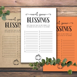 Cuente sus bendiciones. Descarga instantánea imprimible. Juego de cena de Acción de Gracias. Hojas de tarjetas de ideas para fiestas rústicas y divertidas. Agradecido Agradecido Bendito.