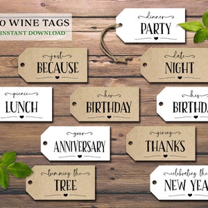 Etiquetas para regalo de vino. Descarga instantánea e imprimible. Regalos de boda para el primer aniversario de bodas de la novia y el novio. Tarjetas rústicas para aniversarios y cumpleaños.