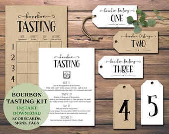 Bourbon Tasting Party Kit. Instant download printable. Score card, place mat, labels tags, card flight bundle. Guys, bachelor, date night.