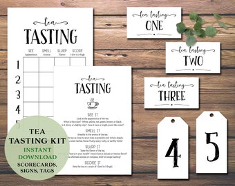 Tea-Tasting-Party-Kit. Sofortiger Download zum Ausdrucken. Score-Karte, Platzdeckchen, Etiketten Tags, Karte Flug Bündel. Mädchen Teeparty. Datum Nacht Idee