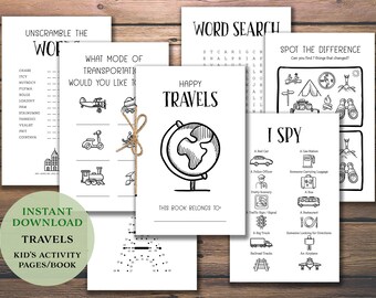 Kid's Travel Activity Book. Coloring Book. Instant download printable. Children's vacation Activities. Games. Puzzles. Color. Party favor.